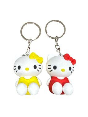 Hello Kitty Keychains Set Of 2 With Red & Yellow Outfits 3D Rubber Design 2 Inch